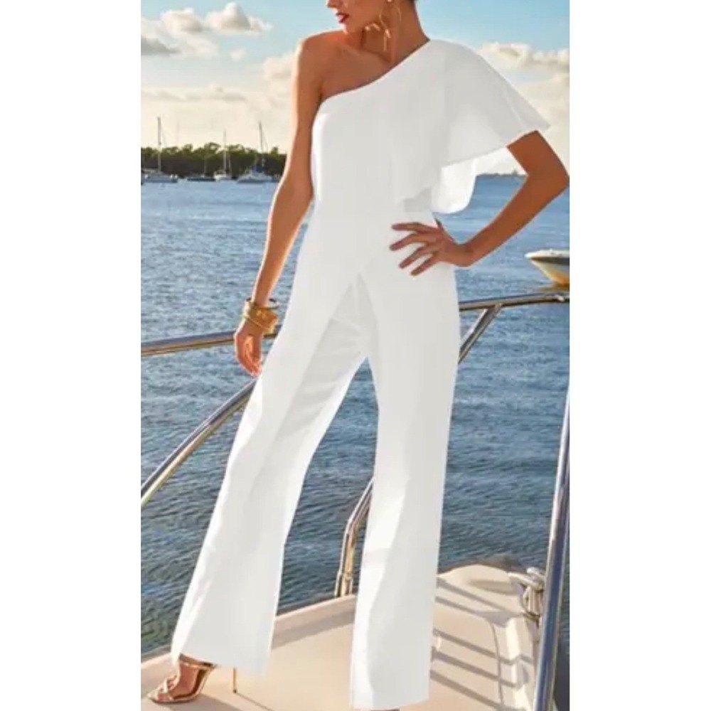 Venus One-Shoulder Asymmetrical Jumpsuit White Size 14 EUC!